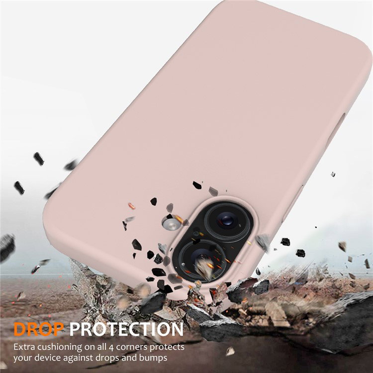 Nærbillede af lyserødt silikone cover til iPhone 16 Plus