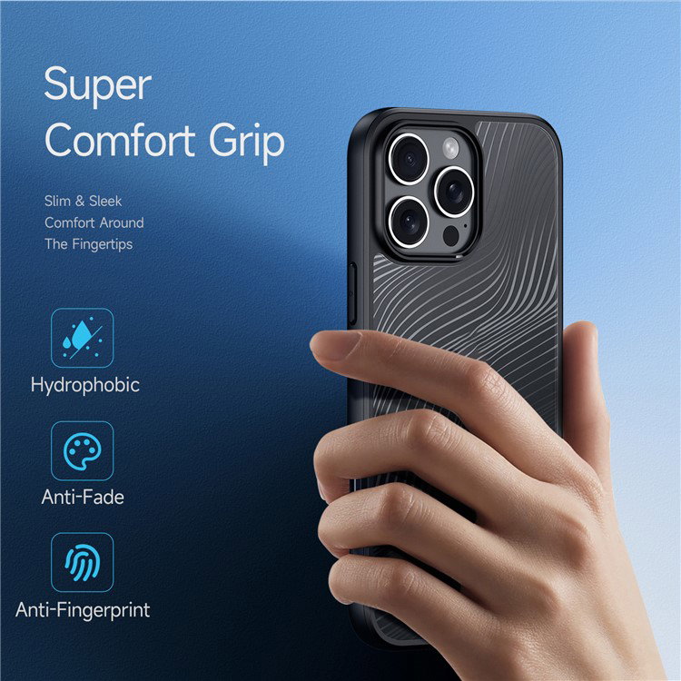 Nærbillede af tekstur på sort iPhone 16 Pro Max cover