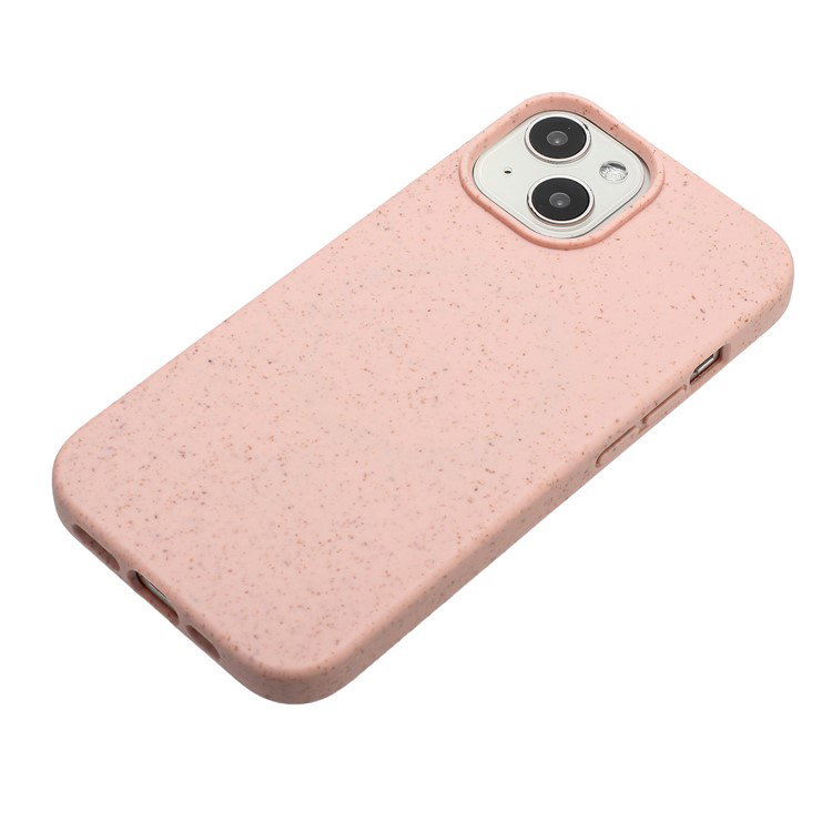 iPhone 14 i lyserødt cover med hvedestrå og TPU materiale