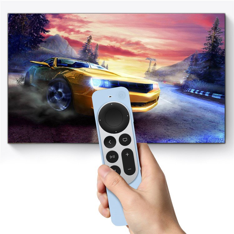 Nærbillede af blåt silikone cover til Apple TV Siri Remote 3. gen