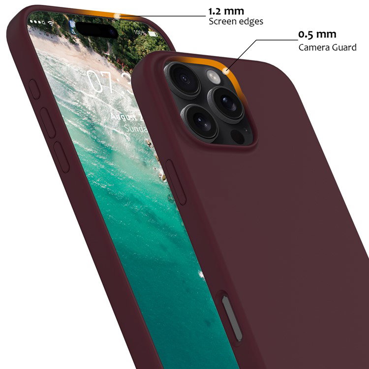 Visning af vinrødt cover monteret på iPhone 16 Pro Max