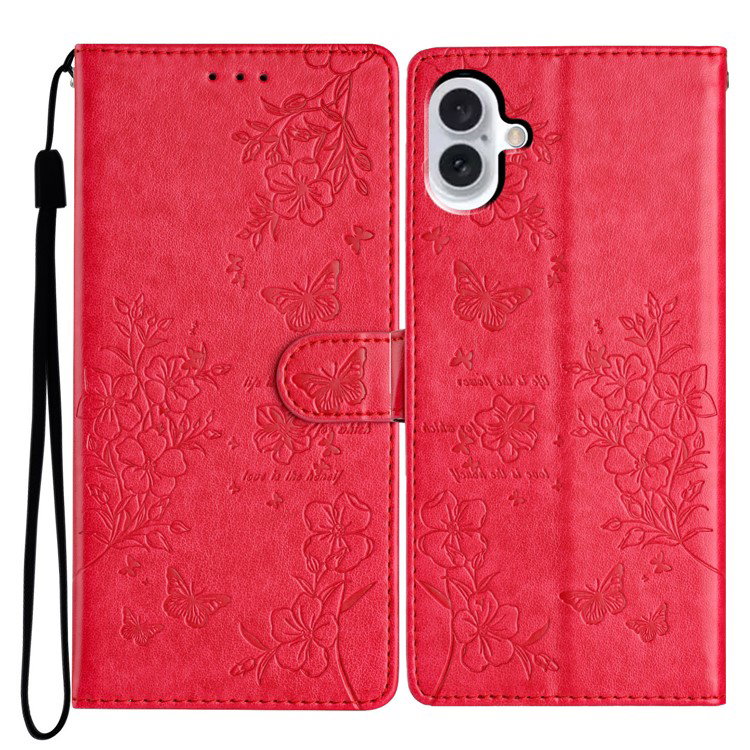 Bagsiden af iPhone 16 etui i rød med sommerfugle- og blomsterdesign