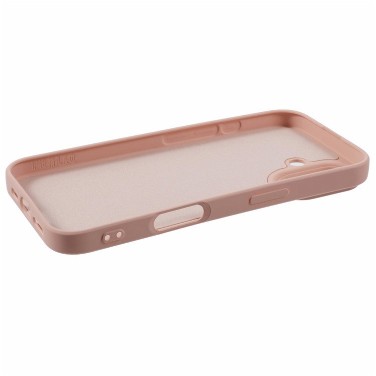 Nærbillede af lyserød iPhone 16 Plus beskyttelsescover materiale