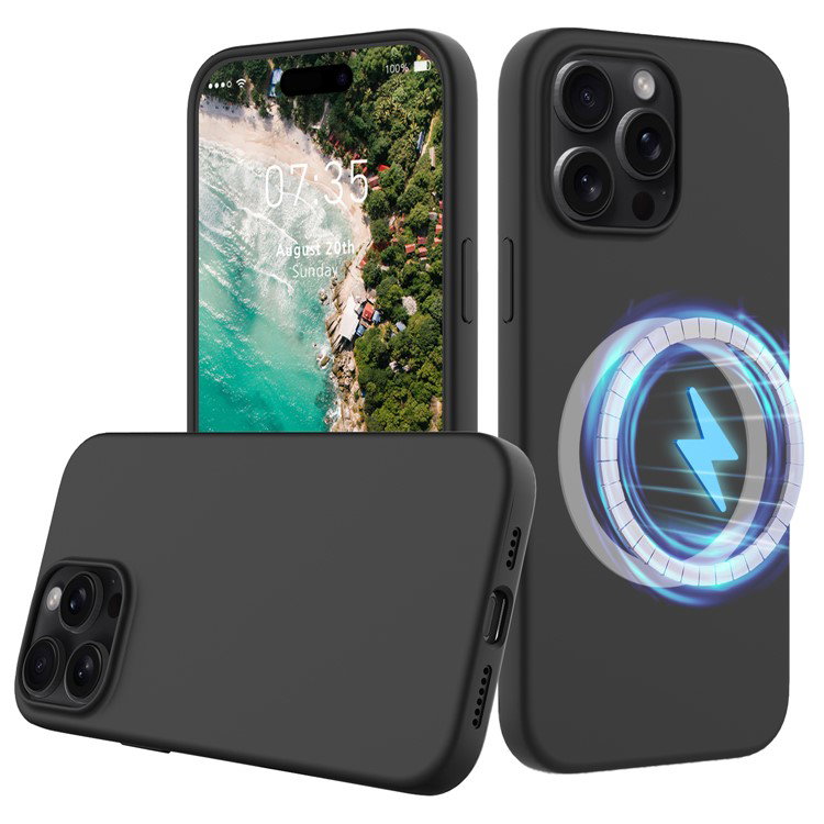 Bagside af sort silikonecover til iPhone 16 Pro