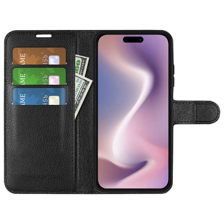 Sort iPhone 16 Pro læderpung cover åben set fra siden