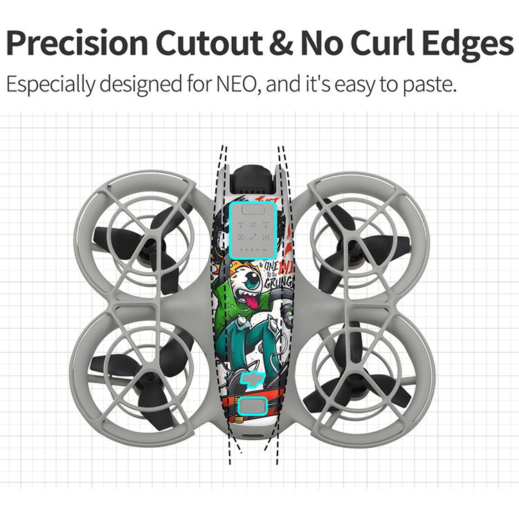 Nærbillede af drone stickers på DJI Neo