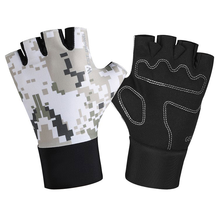 Børne cykelhandsker i grå camouflage set bagfra