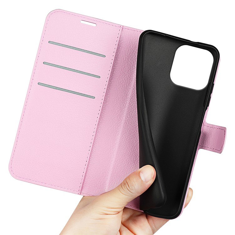 Nærbillede af Litchi-struktur på pink iPhone 16 Pro Max læderetui