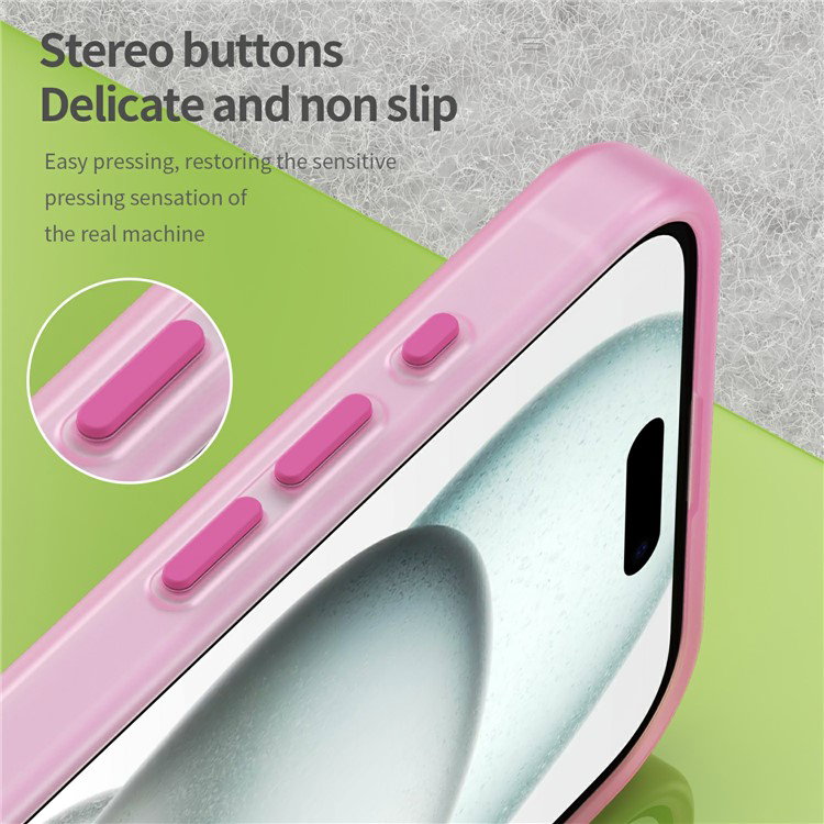 Lyserødt cover på iPhone 16 Plus med gennemsigtig bagside