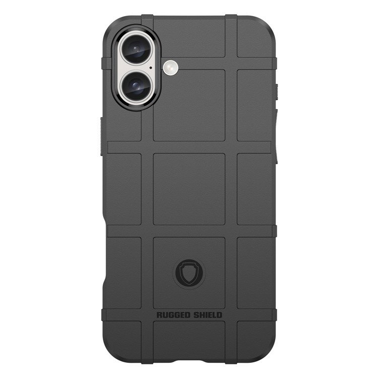 Nærbillede af firkantet mønstertekstur på sort iPhone 16 Plus cover