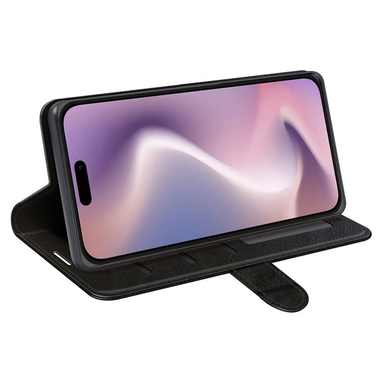 Sort lædercover til iPhone 16 Plus set forfra