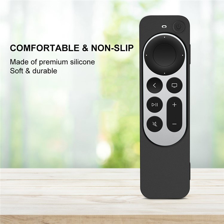 Nærbillede af sort silikonecover på Apple TV Siri Remote