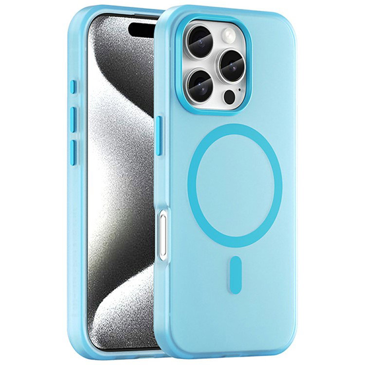 Nærbillede af det matte blå cover til iPhone 16 Pro