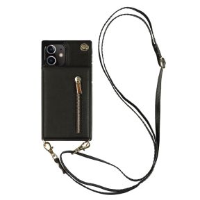 Læder Mobilpung / Taske Cover med Snor til iPhone 12 Mini-Sort