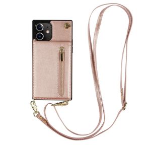 Læder Mobilpung / Taske Cover med Snor til iPhone 12 Mini-Lyserød