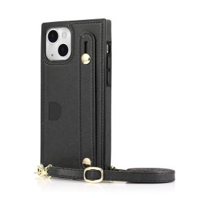 Læder Cover med Snor og Kortholder til iPhone 13 Mini-Sort