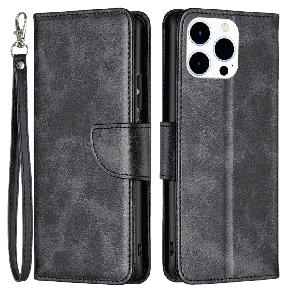 Læder Flip Cover med Hank til iPhone 14 Pro-Sort