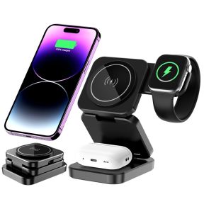 3-i-1 Trådløs Oplader med Magnet & Foldbar Holder til iPhone, Apple Watch og AirPods – Sort