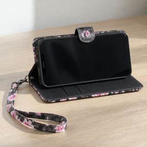 iPhone 12 Mini Flip Cover med kortholder - blomstermotiv - Sort