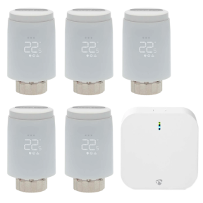 5 stk Nedis SmartLife Trådløs Radiator Termostat + 1 stk Nedis Zigbee Gateway