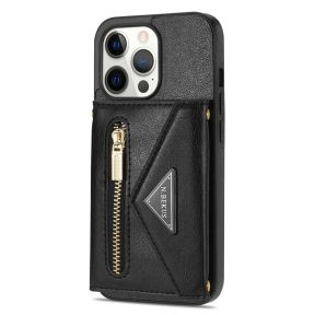 Læder Mobilpung / Taske Cover med Snor til iPhone 14 Pro-Sort