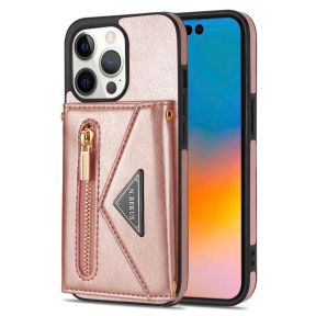 Læder Mobilpung / Taske Cover med Snor til iPhone 14 Pro-Lyserød