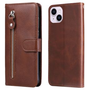 Zipper Læder Flip Cover til iPhone 15 Plus-Brun
