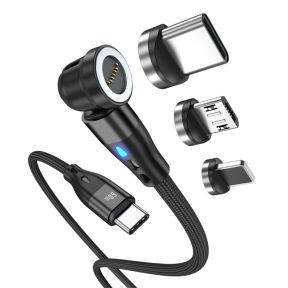 3-i-1 90 Grader Opladningskabel - USB-C til Micro USB, Type-C og Lightning-1 meter