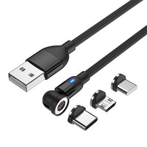 USB-A Kabel - magnetisk 3-i-1, 2 m, 3A - Sort