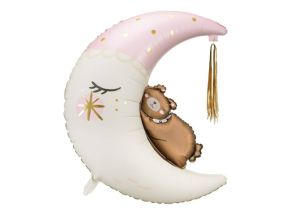 Pink Teddy Måne Folieballon med Guld Kvast til Børn og Baby