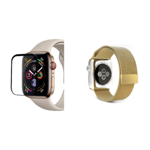 Pakke m. 3D Curved Skærmbeskyttelse / Hærdet Beskyttelsesglas til Apple Watch SE 40 mm & Mesh urlænke i rustfrit stål til Apple Watch SE Guld-38/40 mm