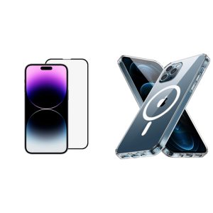 Pakke m. 3D Skærmbeskyttelse / Beskyttelsesglas til iPhone 14 Pro Max & Gennemsigtigt Cover med MagSafe til iPhone 14 Pro Max