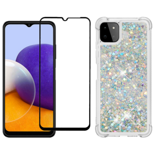 Pakke m. 3D Skærmbeskyttelse / Beskyttelsesglas til Samsung Galaxy A22 5G & Glitter TPU Cover til Samsung Galaxy A22 5G