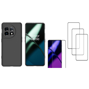 Pakke m. Matte Sort Silikone Cover til OnePlus 11 5G & 3 Stk Beskyttelsesglas / Skærmbeskyttelse / 3D Glas til OnePlus 11 5G