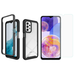 Pakke m. Gennemsigtig Bumper Cover til Samsung Galaxy A23 & Skærmbeskyttelse / Beskyttelsesglas / Hærdet Glas til Samsung Galaxy A23