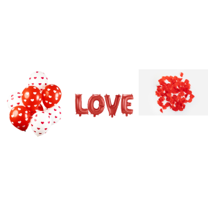Pakke m. 8 stk Hjerteballoner i Rød & Hvid, Balloner til Valentinsdag & Love Folieballon i Rød, Romantisk Kærlighedspynt til Valentinsdag & 144 stk Røde Rosenblade til Pynt