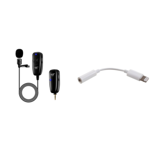 Pakke m. Trådløs Clip-On Mikrofon til Smartphones / Kamera & Lightning til AUX Adapter
