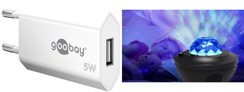 Pakke m. 1stk USB Oplader til Stikkontakt til fx. iPhone, Samsung & iPad & 1stk Stjernehimmel Lampe / Stjerne projektor med Fjernbetjening & Højtaler