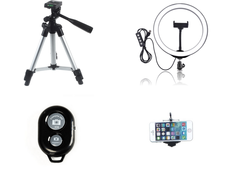 Pakke m. 1stk Selfie Ring Light på Stativ - Stor & 1stk Selfie Ring Light på Stativ - Stor & 1stk Bluetooth Udløser til Selfie Stang / Mobilkamera & 1stk Smartphone Holder