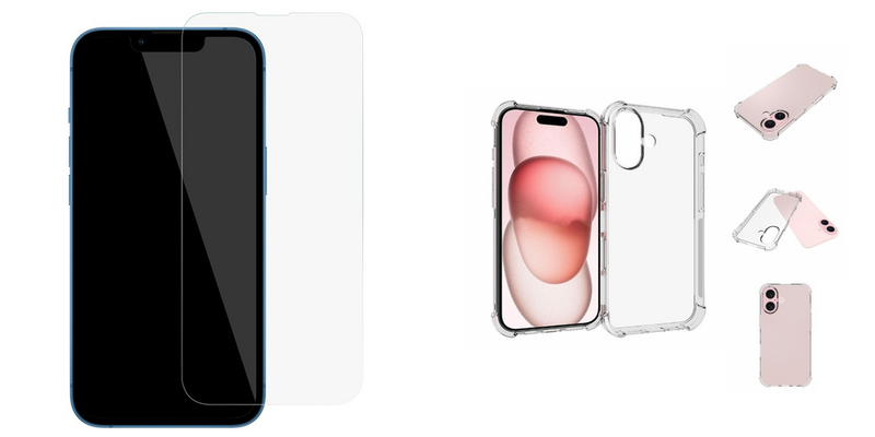 Pakke m. 1stk iPhone 16 Skærmbeskyttelse / Beskyttelsesglas / Hærdet Glas & 1stk iPhone 16 Cover - Gennemsigtigt Silikone Cover 