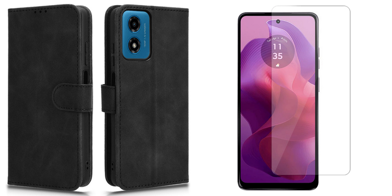 Pakke m. 1stk Motorola Moto G24 Graviera Sort Læder Flip Cover med Kortholder & 1stk Motorola Moto G24 Skærmbeskyttelse / Glas