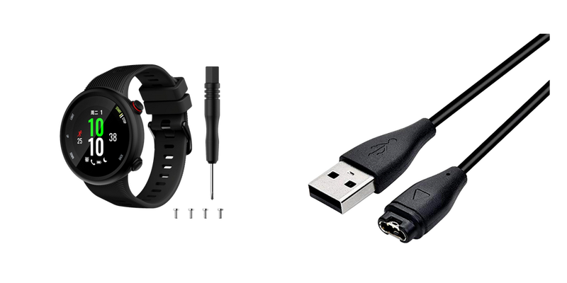 Pakke m. 1stk Silicone rem til Garmin Forerunner 45S / 45L-Sort & 1stk Oplader Kabel til Garmin Forerunner 45 / 45S / 45L / Vivosport - USB A