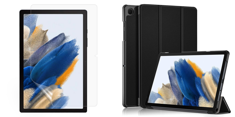 Pakke m. 1stk Film / Skærmbeskyttelse til Samsung Galaxy Tab A9+ & 1stk Trifold Læder Flip Cover til Samsung Galaxy Tab A9 Plus-Sort