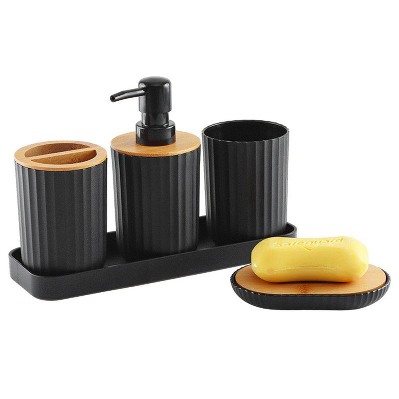 Badeværelsessæt i bambus og plast – 5 dele med sæbedispenser, tandkrus, tandbørsteholder, sæbeskål og bakke - Black