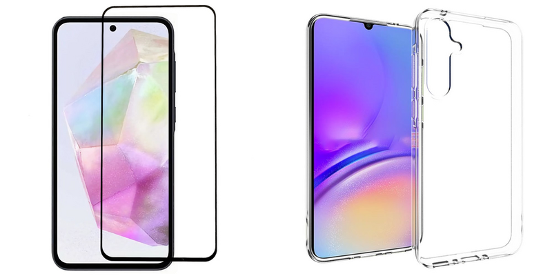 Pakke m. 1stk Samsung Galaxy A35 5G Skærmbeskyttelse / 3D Glas & 1stk Samsung Galaxy A35 5G Gennemsigtigt Cover