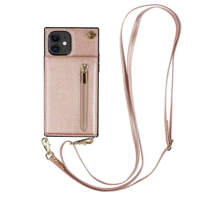 Læder Mobilpung / Taske Cover med Snor til iPhone 11-Lyserød