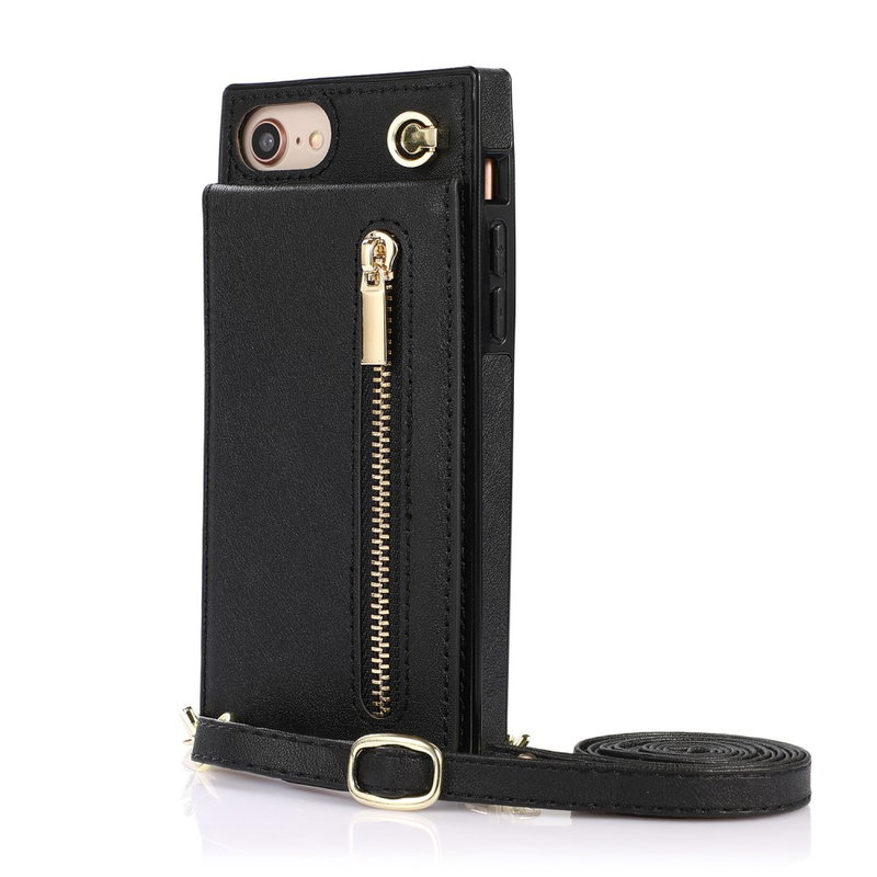 Læder Mobilpung / Taske Cover med Snor til iPhone 7 / 8 / SE (2020) - Sort
