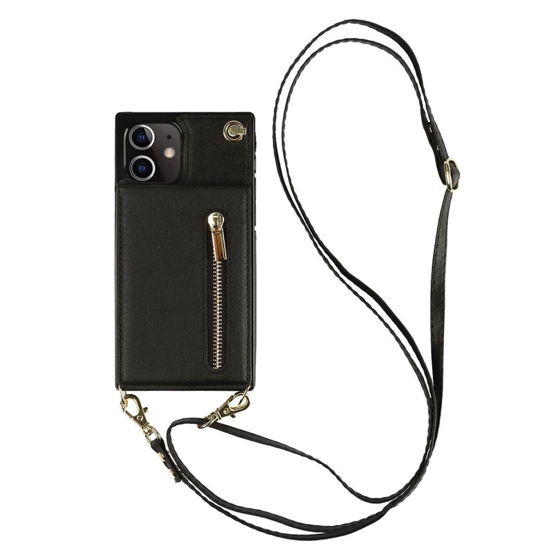 Læder Mobilpung / Taske Cover med Snor til iPhone 12 Mini-Sort