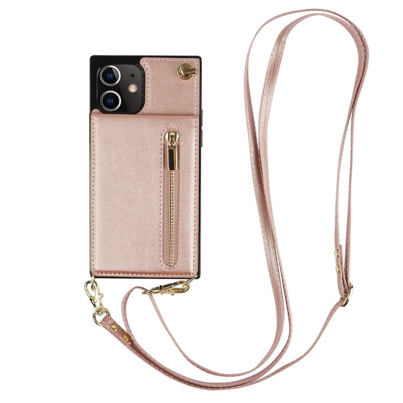 Læder Mobilpung / Taske Cover med Snor til iPhone 12 Mini-Lyserød