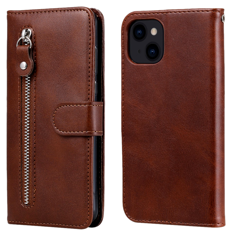 Zipper Flip Cover til iPhone 13-Brun
